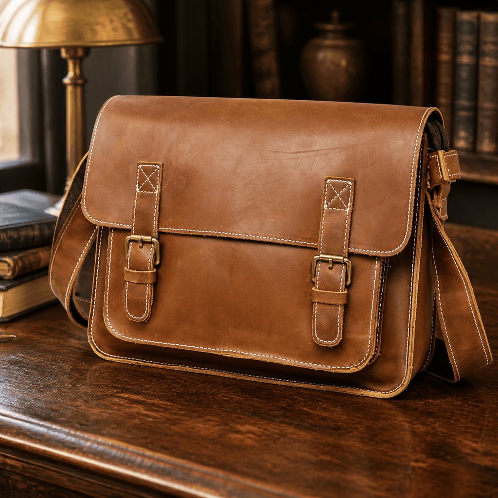 Brown men's leather messenger bag on a wooden desk