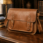 Brown men's leather messenger bag on a wooden desk
