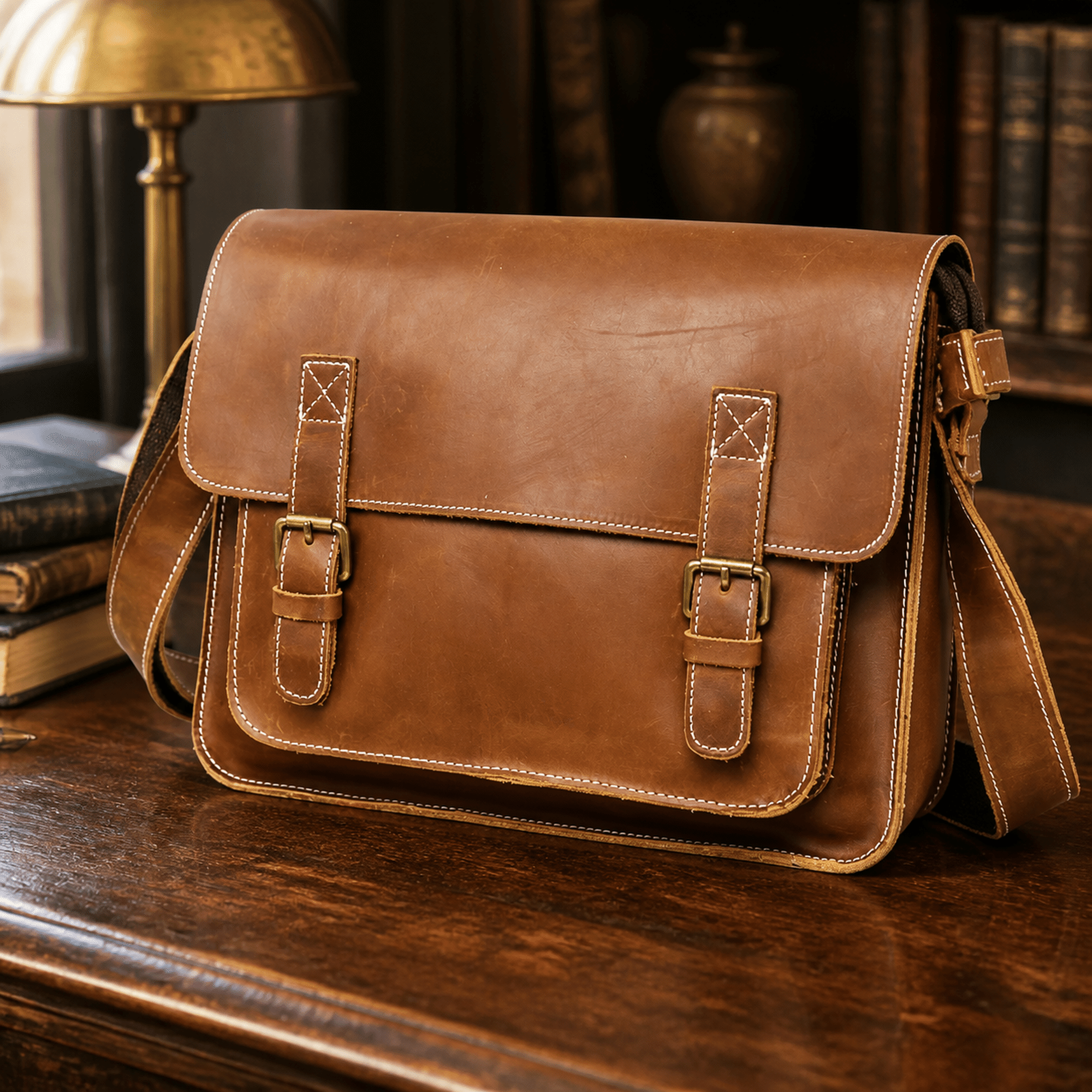 Brown men's leather messenger bag on a wooden desk