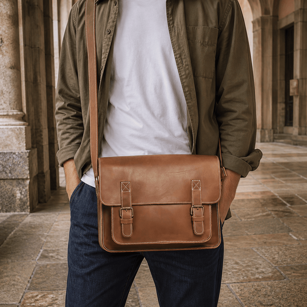 Brown men's messenger bag, interior view