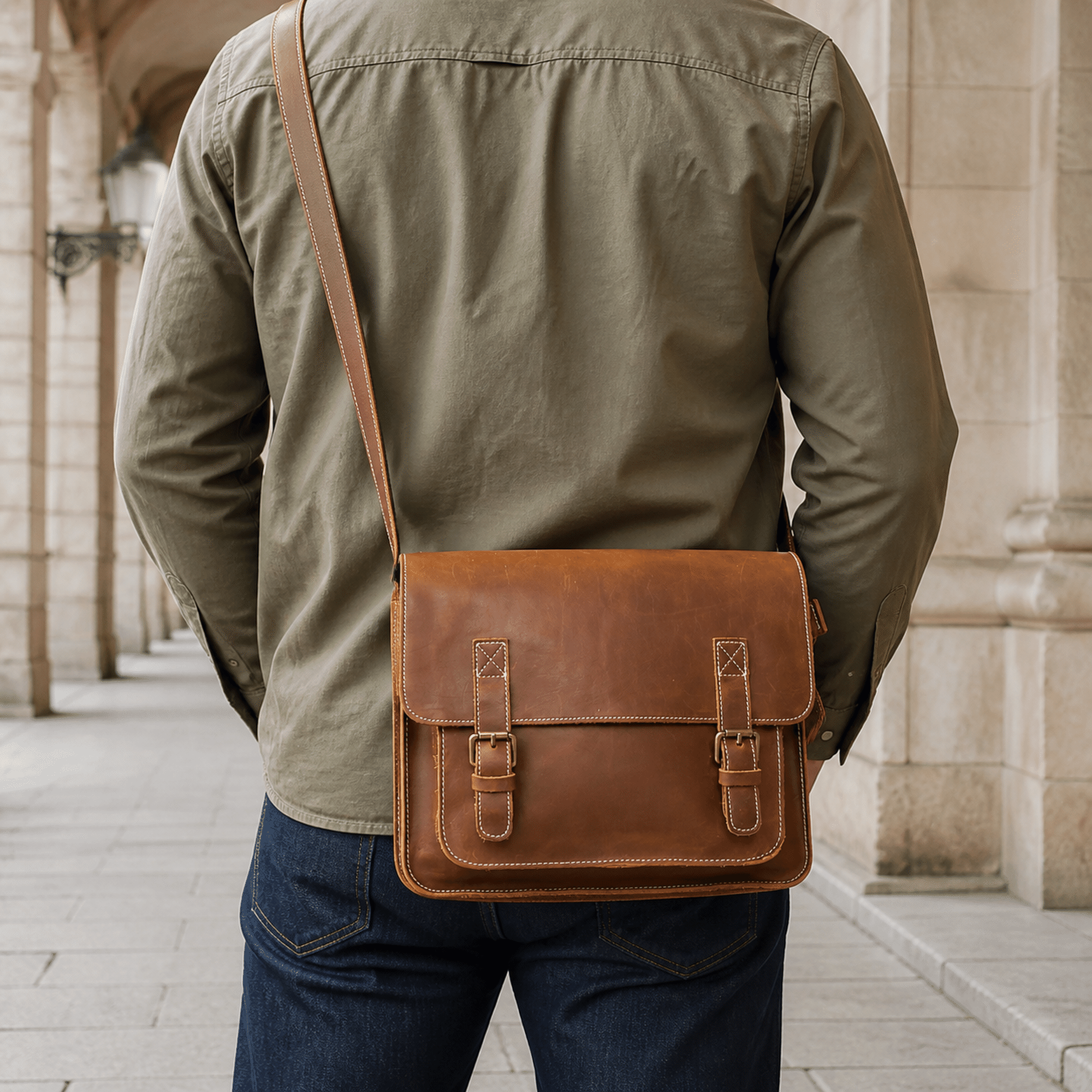 Brown men's messenger bag, side view