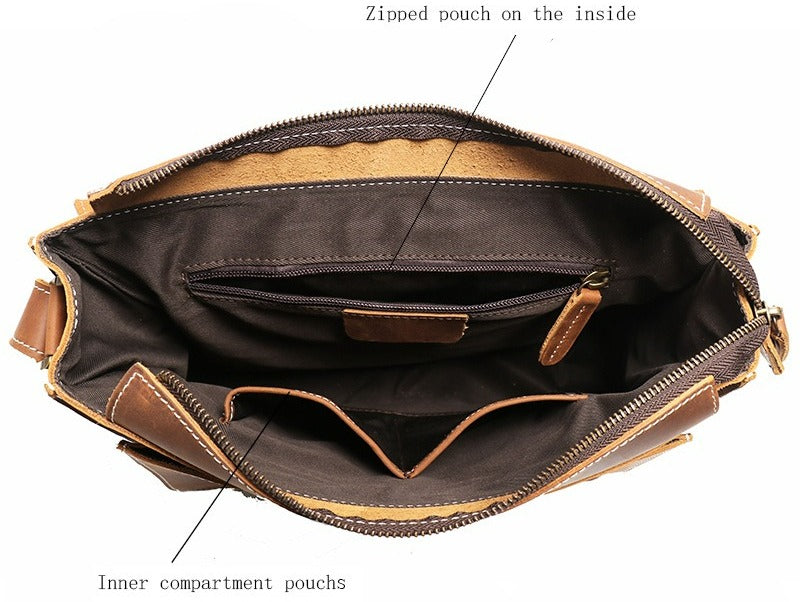 Brown men's messenger bag, buckle detail