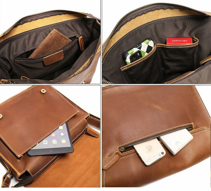 Brown men's messenger bag, back view