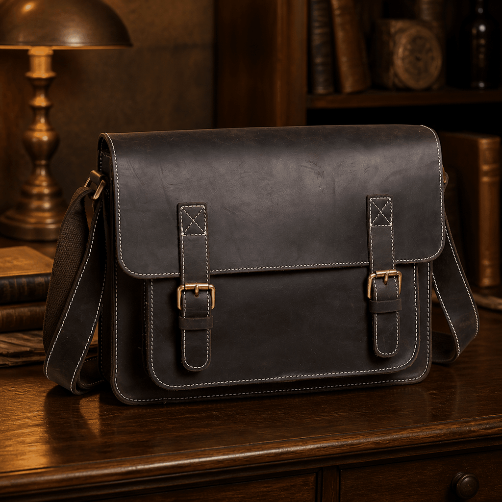 Vintage brown-black men's leather messenger bag