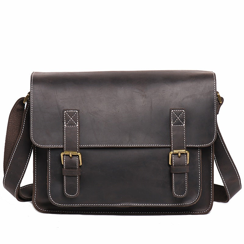 Brown-black men's messenger bag, buckle detail