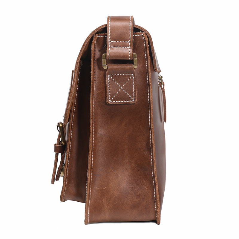 Dark brown men's messenger bag, buckle detail