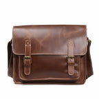 Dark brown men's messenger bag, back view