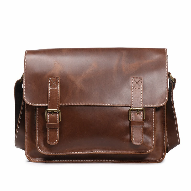 Dark brown men's messenger bag, back view