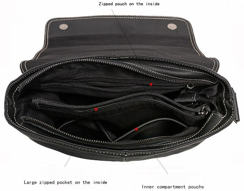 Black men's messenger bag, size reference