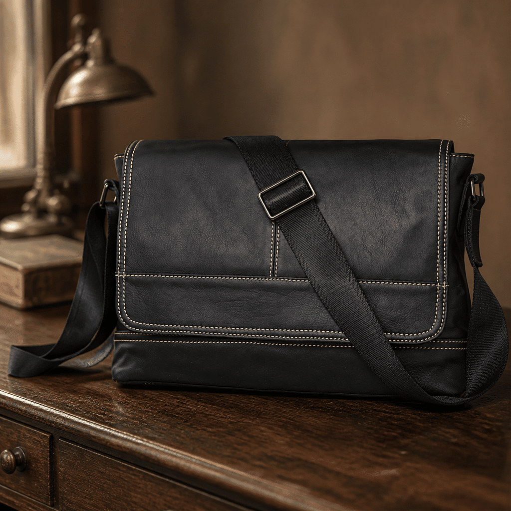Black men's leather messenger bag on a wooden desk