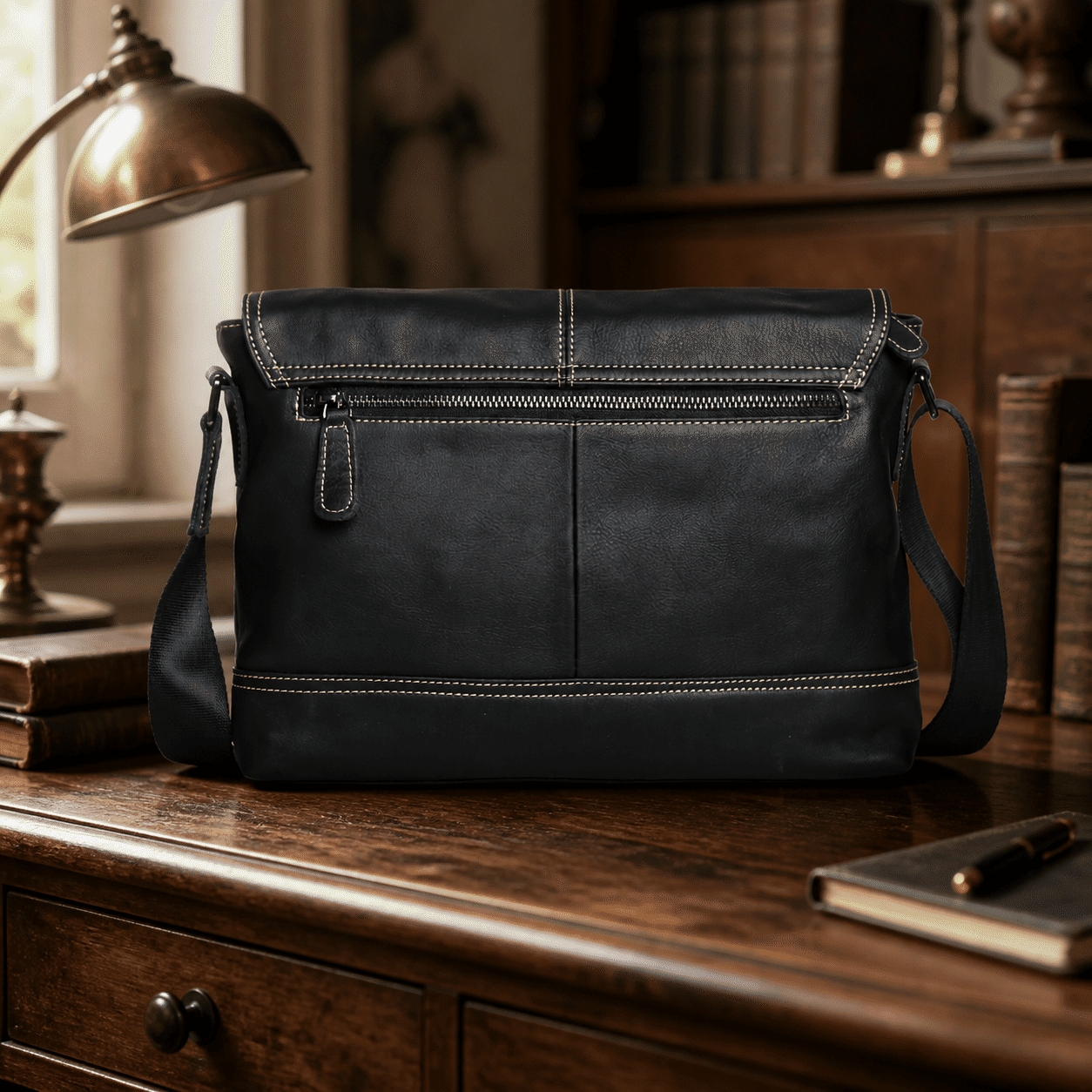 Black men's messenger bag, interior view