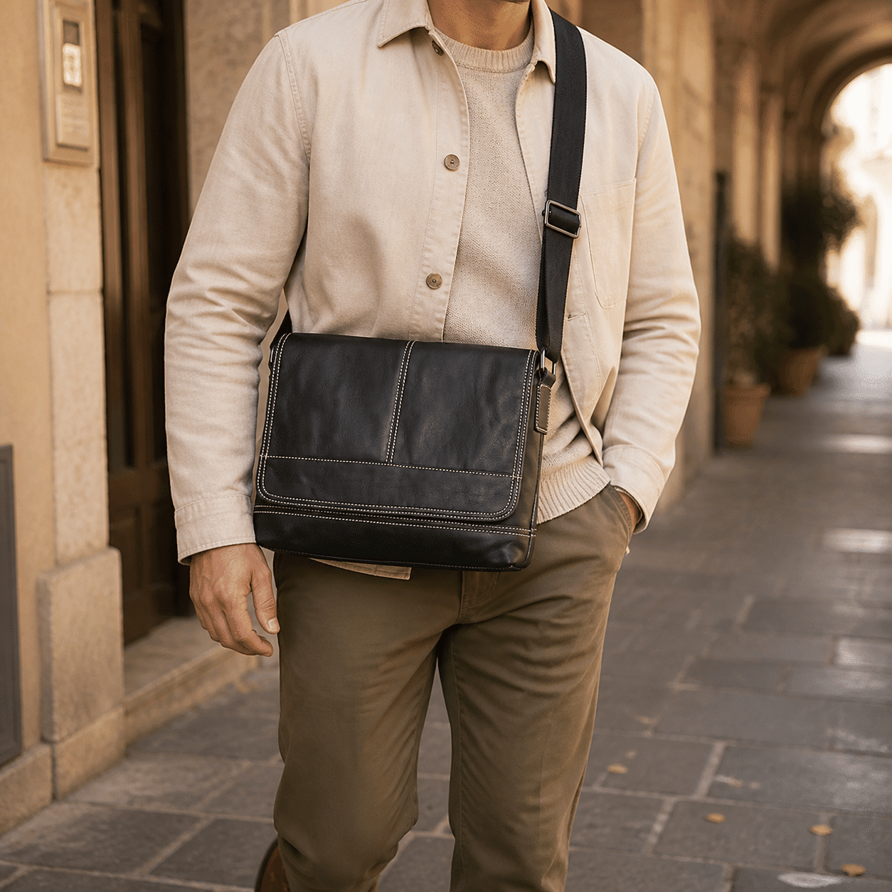 Black men's messenger bag, strap detail