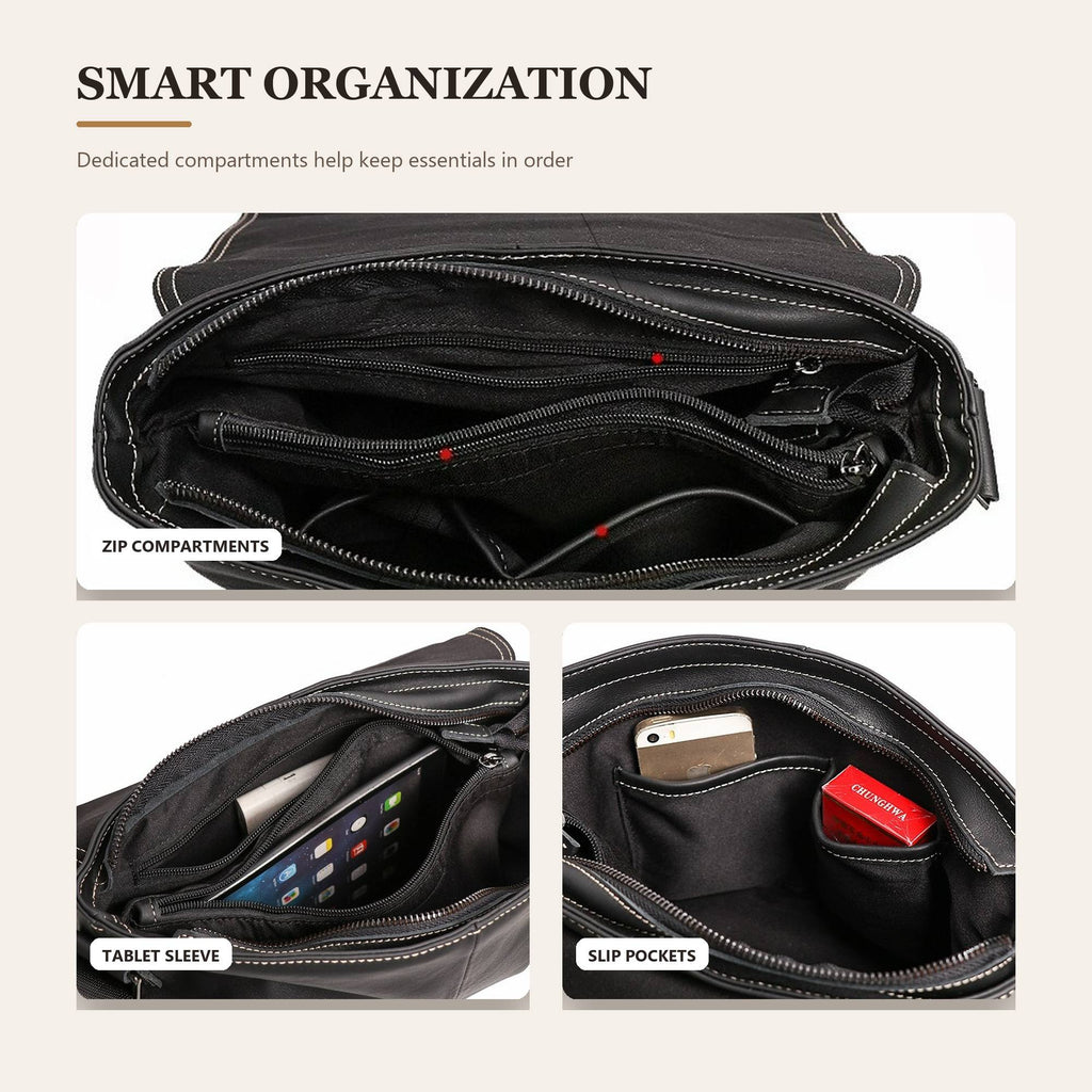 Black men's messenger bag, side view