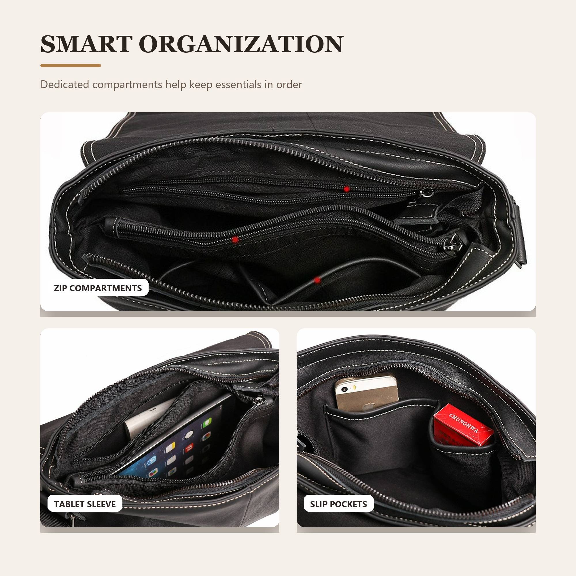 Black men's messenger bag, side view
