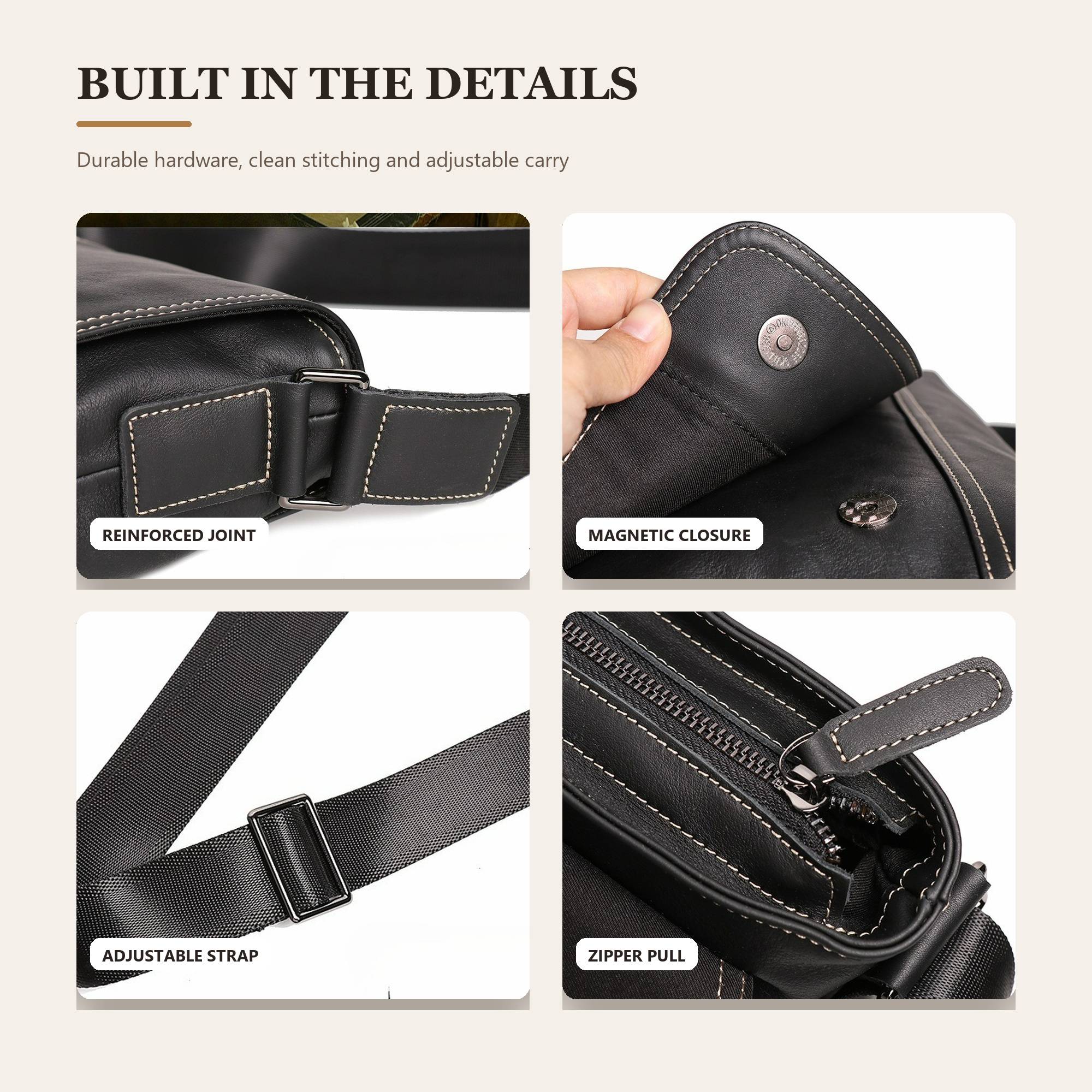 Black men's messenger bag, back view