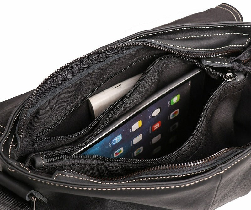 Man wearing the black leather messenger bag