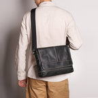 Black men's messenger bag, buckle detail