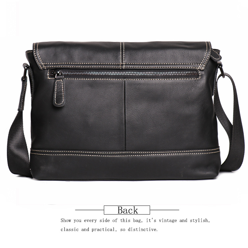 Black men's messenger bag, leather grain