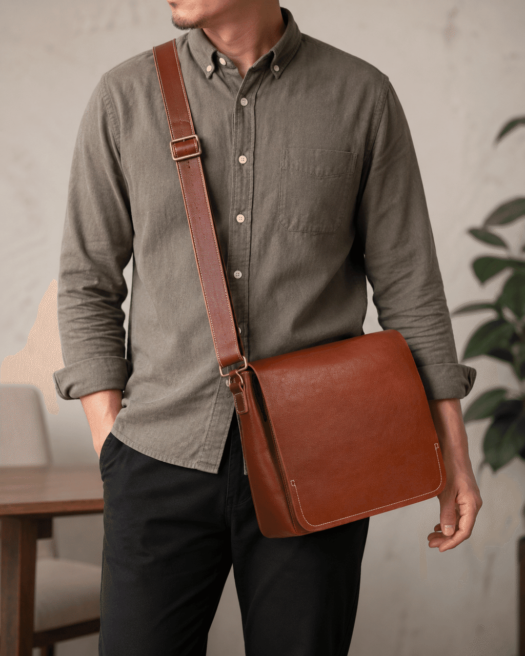 Man wearing the brown leather messenger bag, front