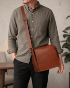 Man wearing the brown leather messenger bag, front