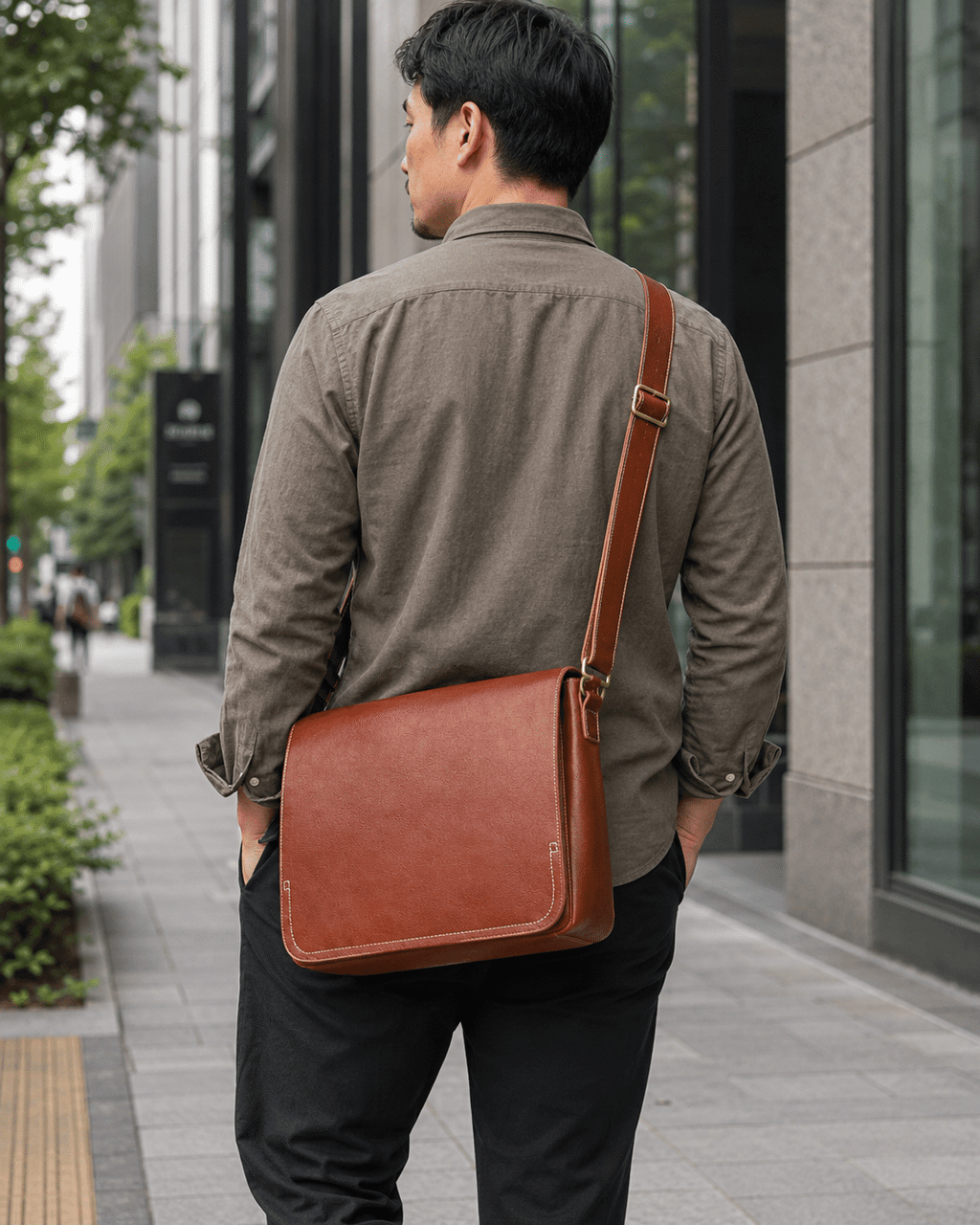 Man wearing the brown leather messenger bag, back