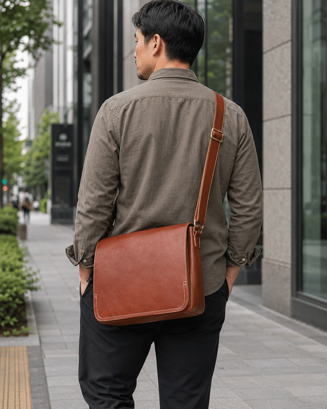 Man wearing the brown leather messenger bag, back