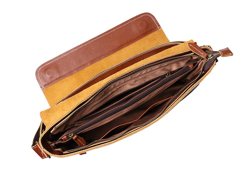 Brown men's messenger bag, strap ring hardware detail