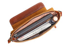 Brown men's messenger bag, interior packed with laptop and books