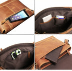 Brown men's messenger bag, interior pockets with accessories