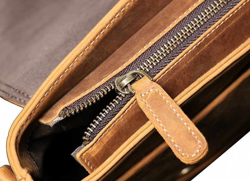 Brown men's messenger bag, buckle detail