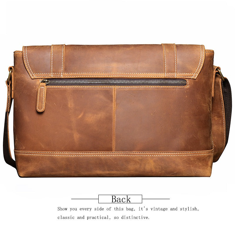 Man wearing the brown leather messenger bag