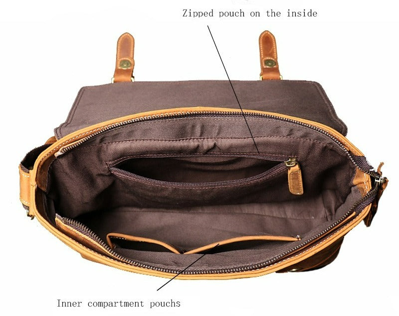 Brown men's messenger bag, flat lay