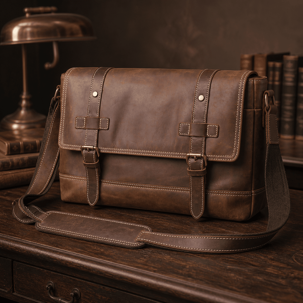 Dark brown men's leather messenger bag on a wooden desk