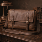Dark brown men's leather messenger bag on a wooden desk