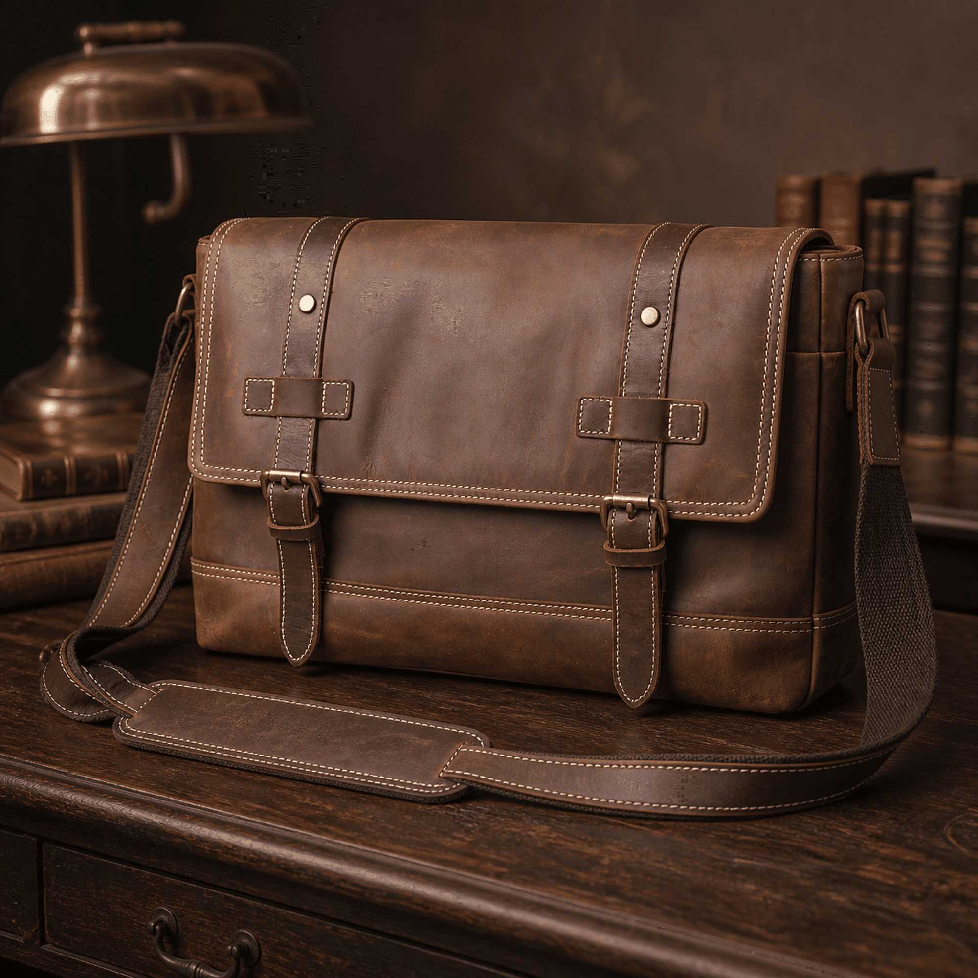 Dark brown men's leather messenger bag on a wooden desk
