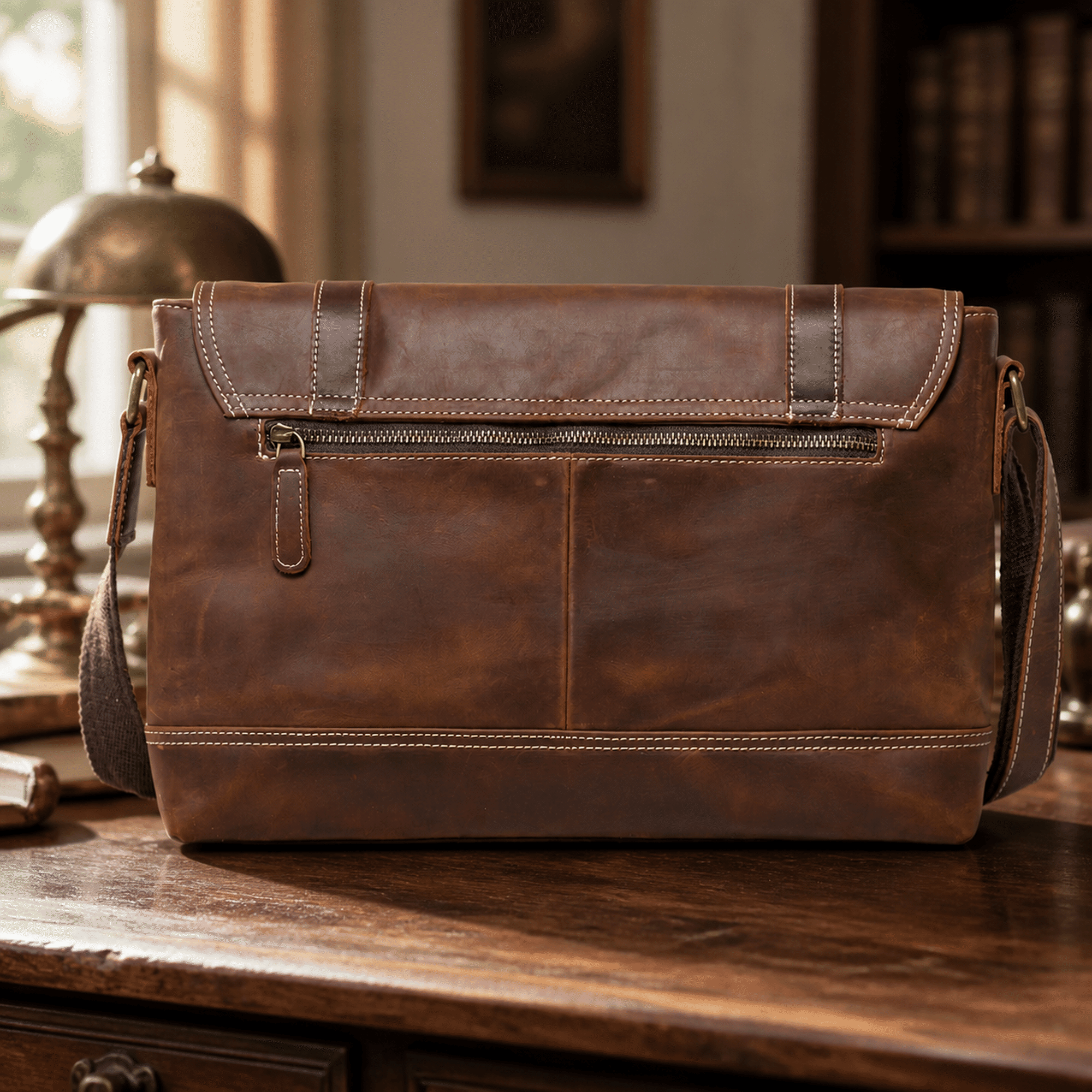 Dark brown men's messenger bag, size reference
