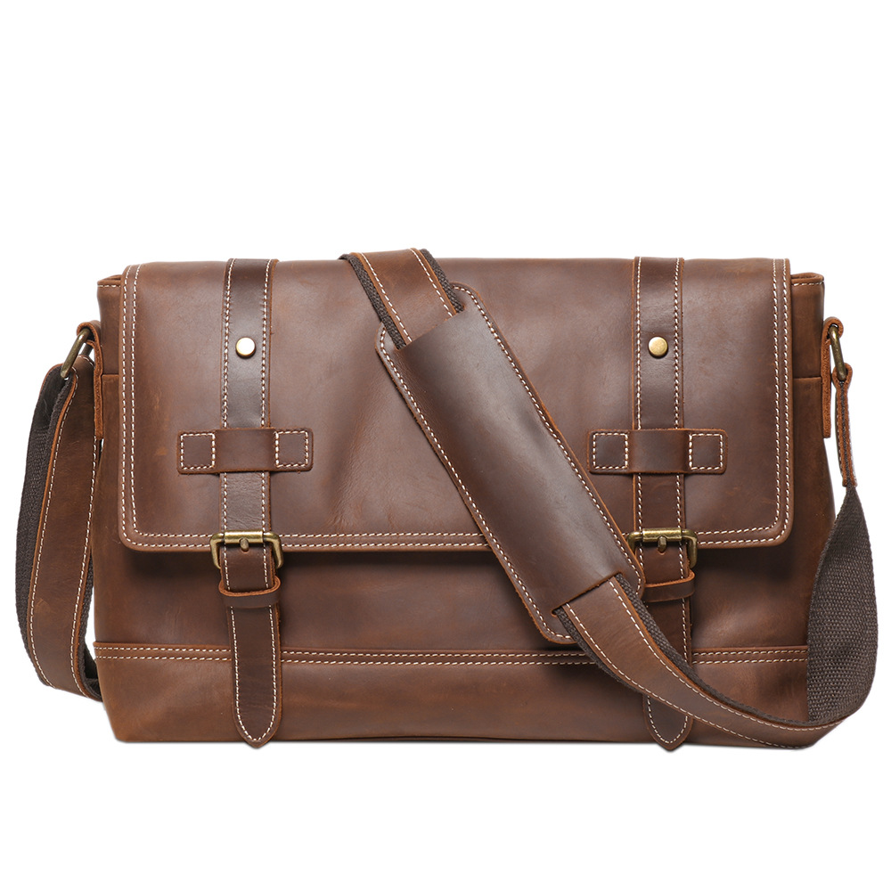 Dark brown men's messenger bag, interior view