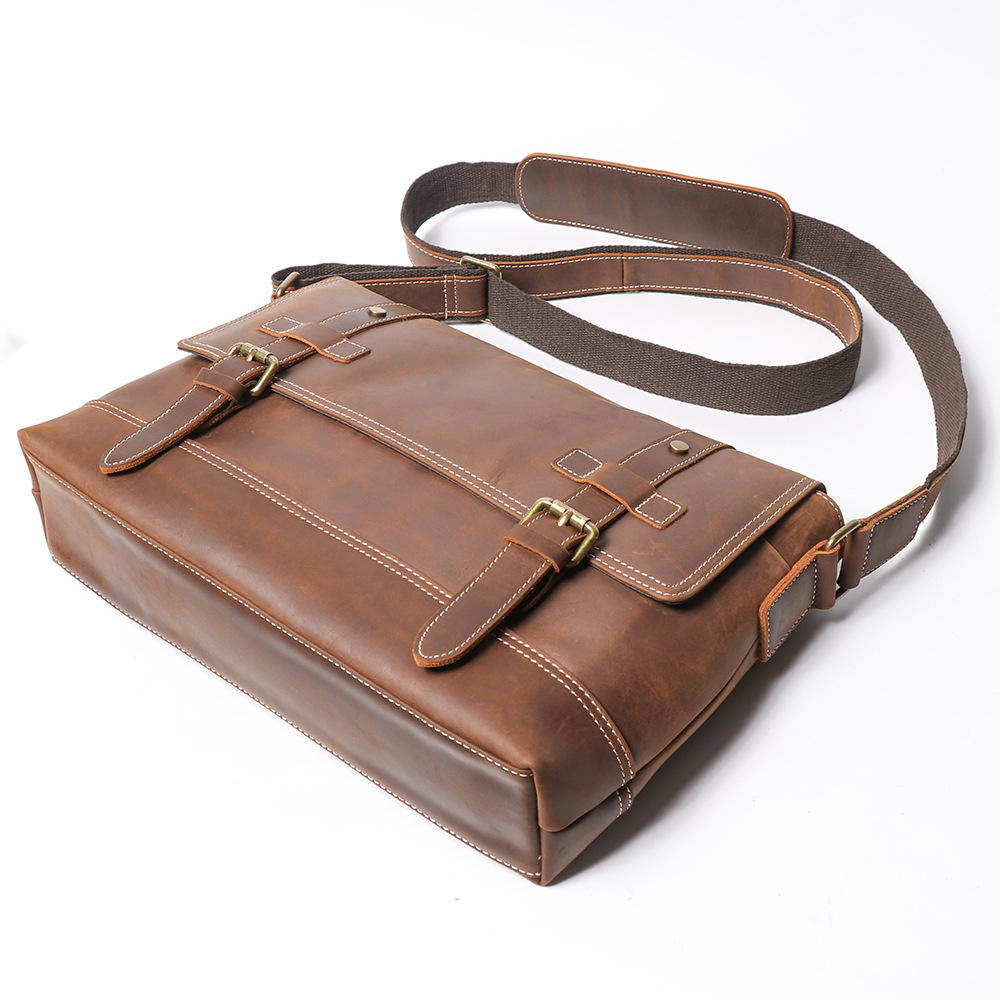 Dark brown men's messenger bag, buckle detail