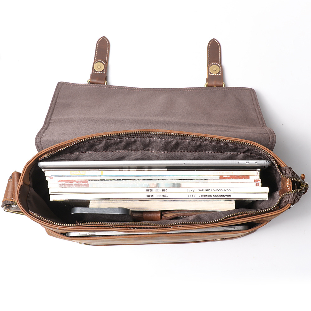 Dark brown men's messenger bag, flat lay