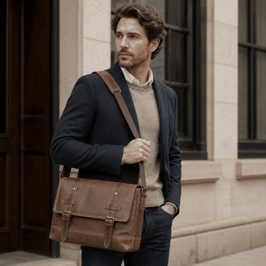 Vintage dark brown men's leather messenger bag