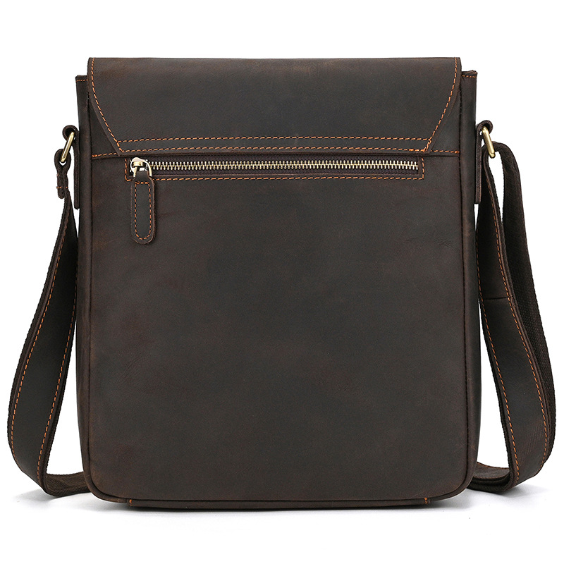 Brown-black men's messenger bag, front zip pocket detail