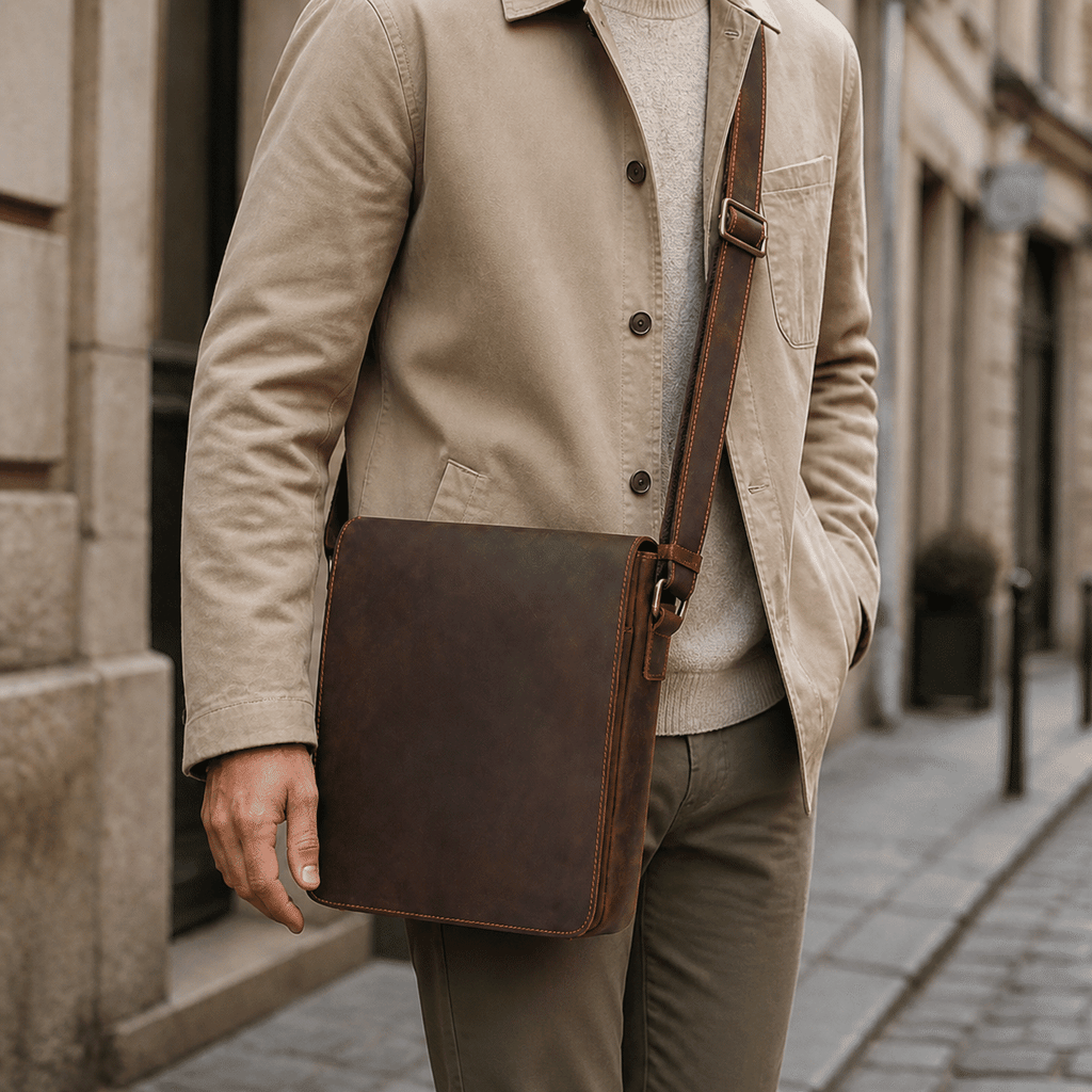 Man wearing the dark brown leather messenger bag