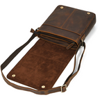 Dark brown men's messenger bag, interior view with flap open