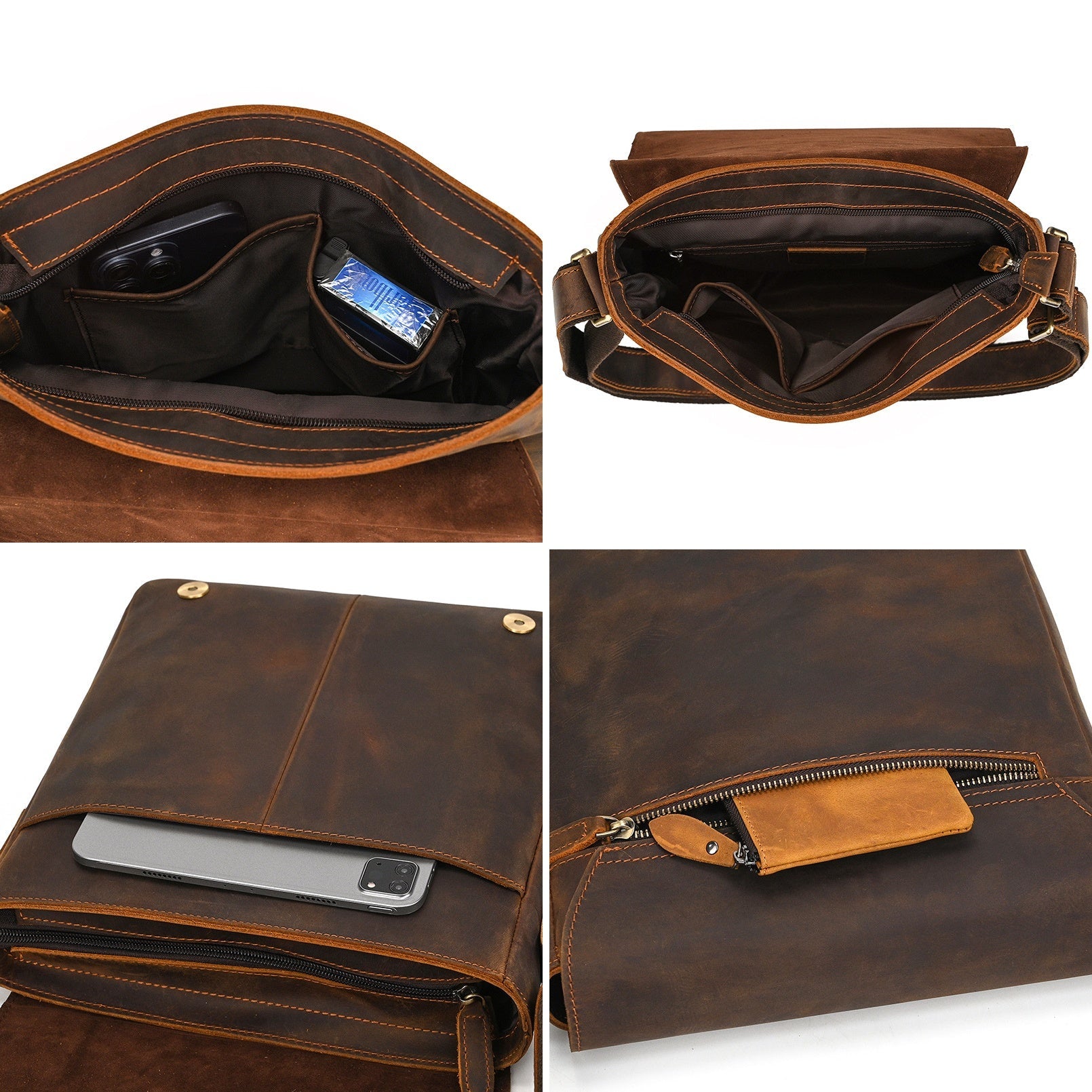 Dark brown men's messenger bag, storage compartments