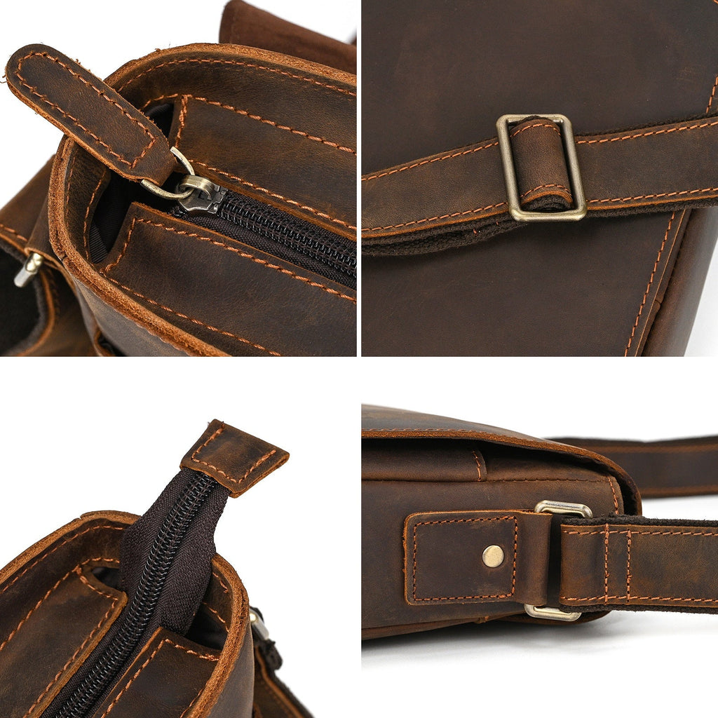 Dark brown men's messenger bag, hardware and buckle detail