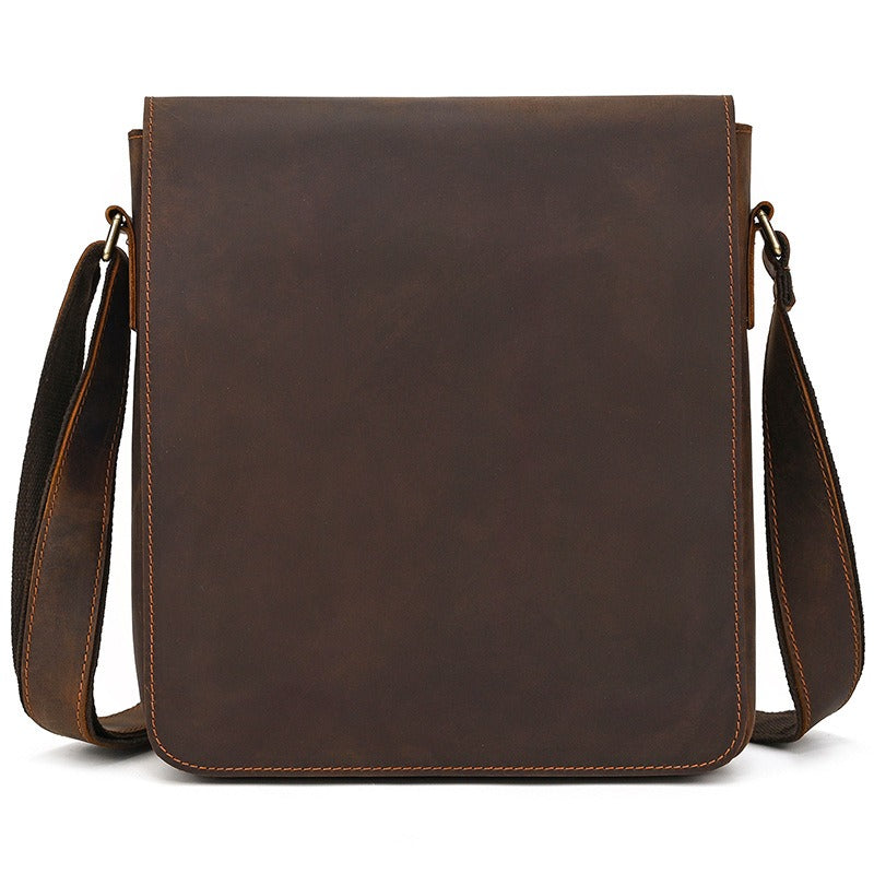 Dark brown men's messenger bag, front view