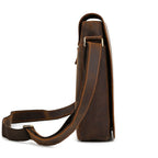Dark brown men's messenger bag, side view