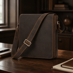 Dark brown men's messenger bag on a study desk, front