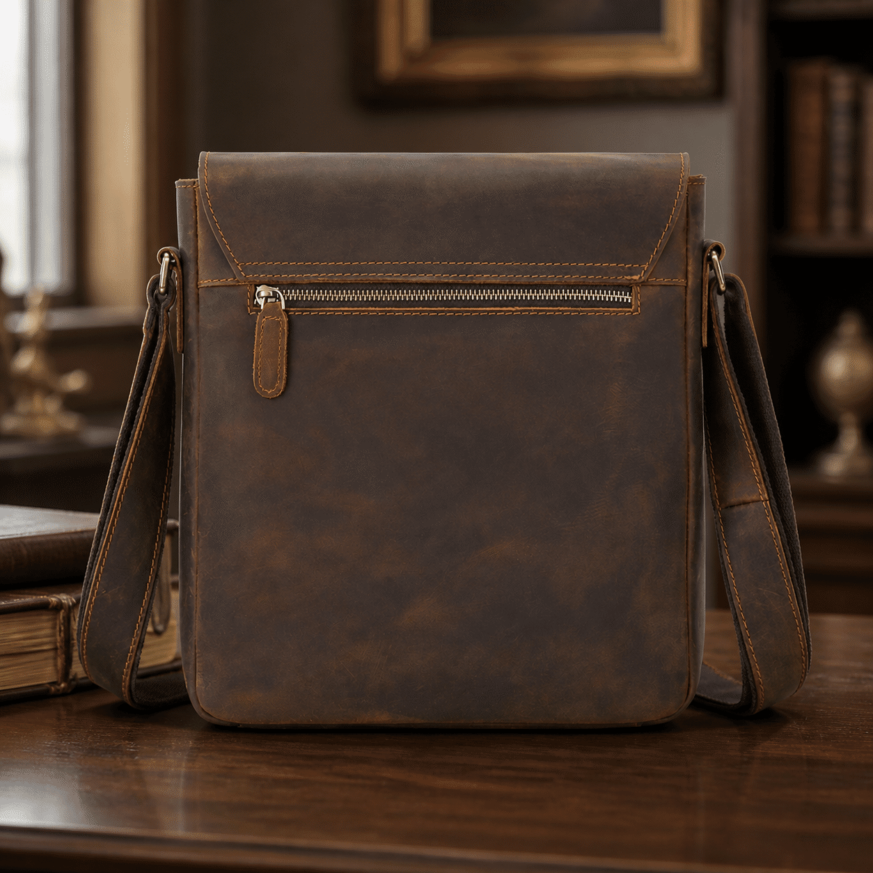 Dark brown men's messenger bag on a study desk, back
