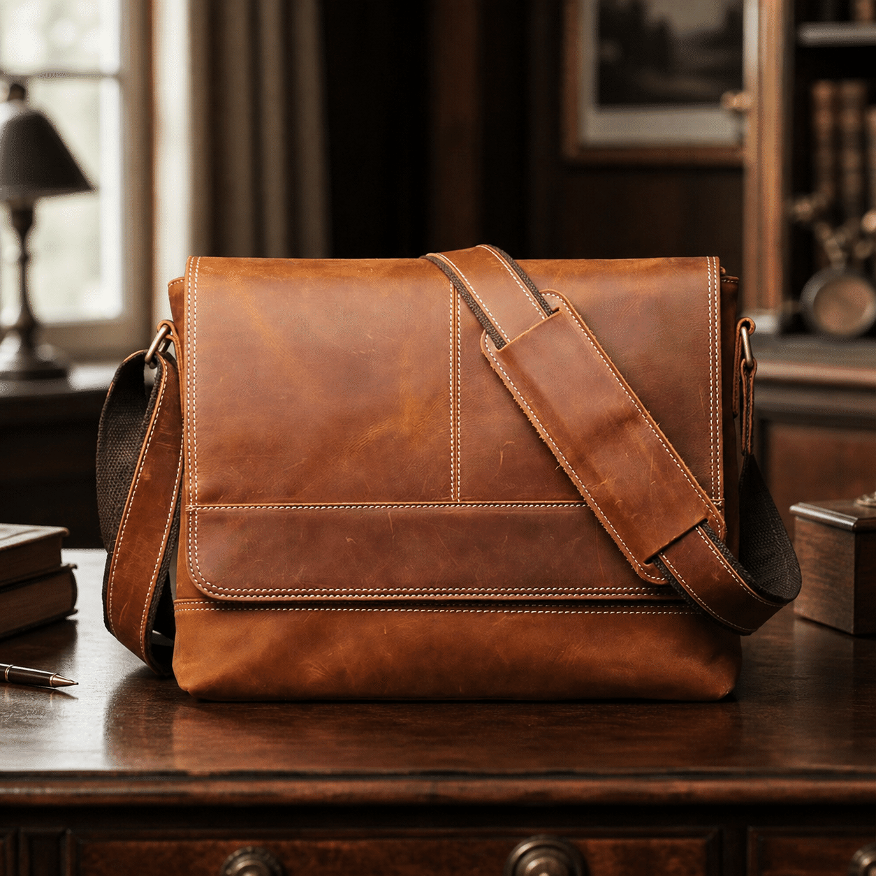 Brown men's leather messenger bag on a wooden desk
